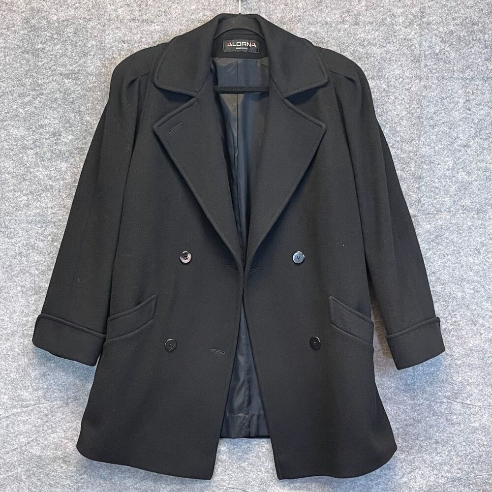 ALORNA Coat Women's Large Black Lapel‎ Collar Double Breasted Wool Blend Winter